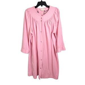 Vintage 80's Dan Ellen Robe House Coat Pink Pearl Snap Long Sleeve Women's L/XL